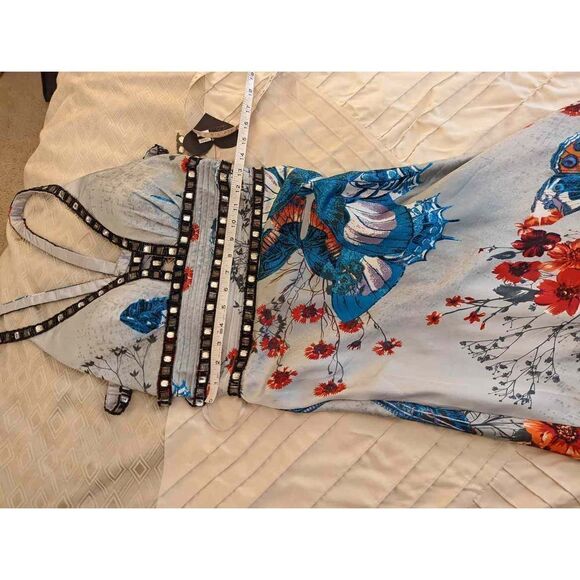 CHICAS butterfly print satin evening gown beaded strappy back kick train sz s nw - Picture 4 of 6